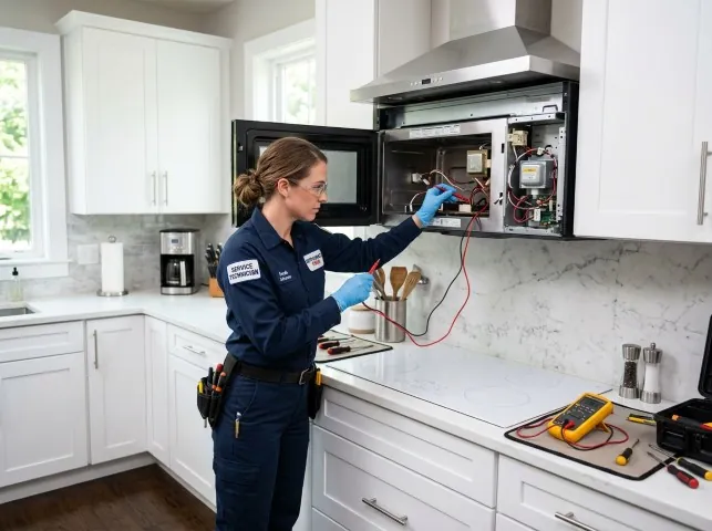 Appliance Repair Hero technician testing an over-the-range microwave in a Burrton, KS kitchen